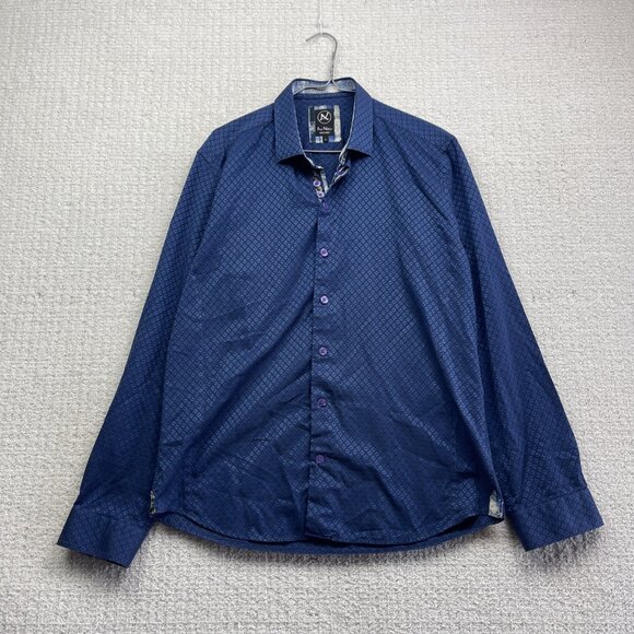 Au Noir Shirt Men Sz 4 Button Up Blue Geometric Holographic AOP Boho Preppy - Picture 1 of 13